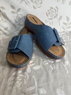 Hamden Platform Slide Sandal Blue With Buckle & Stitch Size 9.5 Good Choice